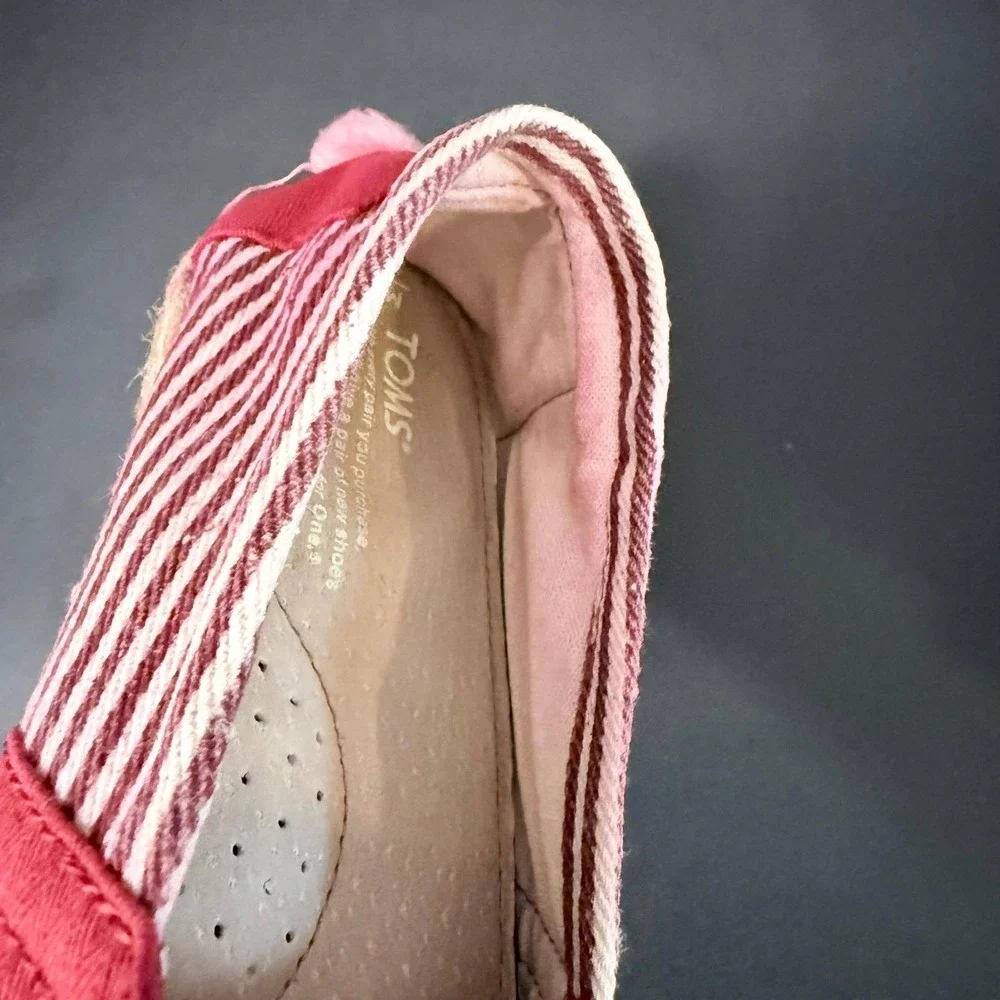 TOMS Red Herringbone Canvas Espadrille Alpargata Flats Striped Heel Womens 7.5